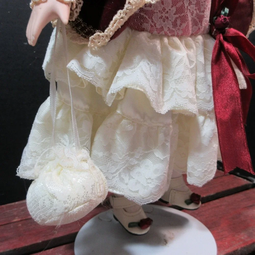 VTG Porcelain Doll in Victorian Burgundy Velvet & Lace Dress with Hat - 16